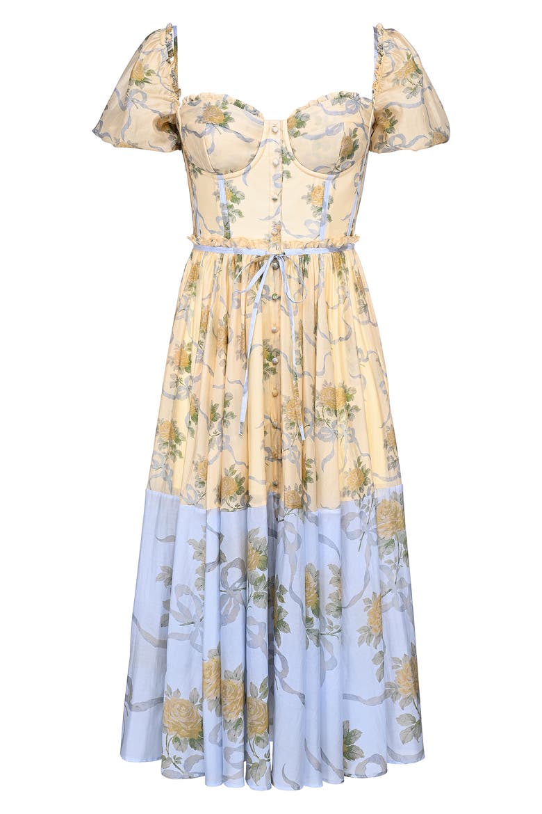 Penelope Floral Puff Sleeve Corset Chiffon Midi Dress, Alternate, color, YELLOW ROSE PRINT