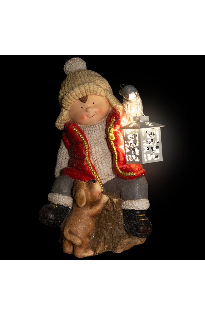 Northlight Boy with Puppy and Lighted Lantern Christmas Decoration - 16" - Clear LED light, Alternate, color, Red