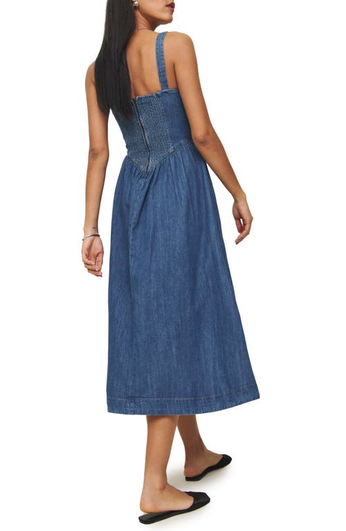 Shop Reformation Balia Denim A-line Midi Dress In Rhine