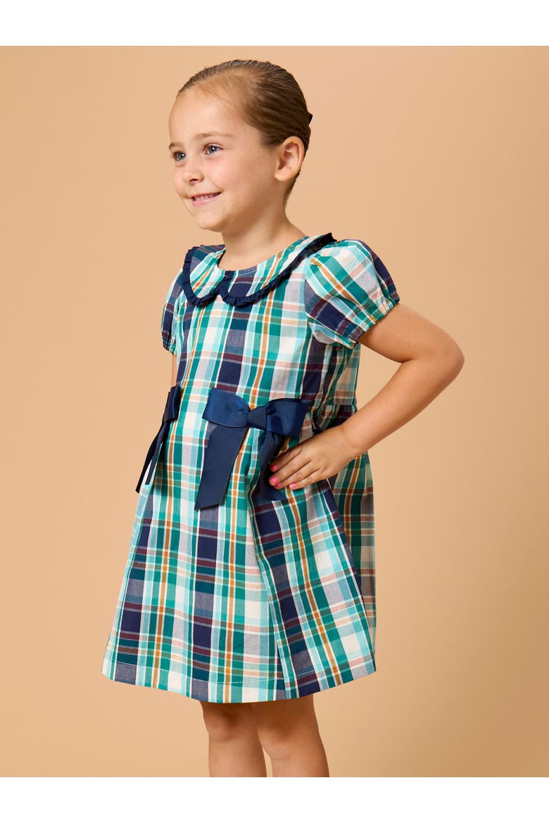 Woven Peter Pan Ruffle Bow Short Sleeve Dress, Alternate, color, Forrest Plaid