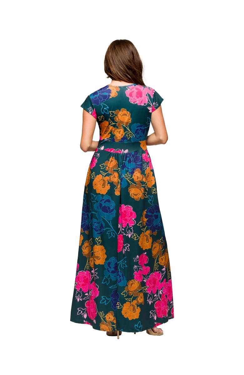 24seven Comfort Apparel Maternity Floral Print Cap Sleeve V-Neck Side Slit Pocket Maxi Dress, Alternate, color, Blue Multi