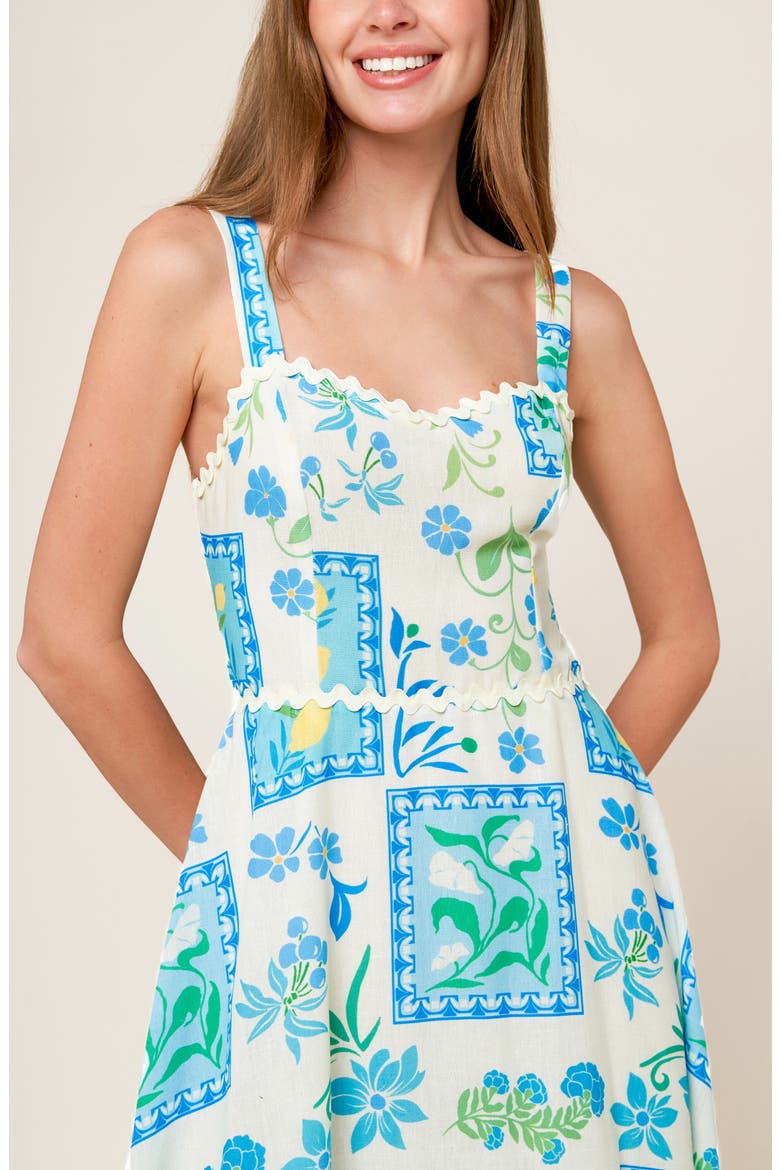 Floral Tie Back Fit & Flare Midi Dress, Alternate, color, IVORY BLUE
