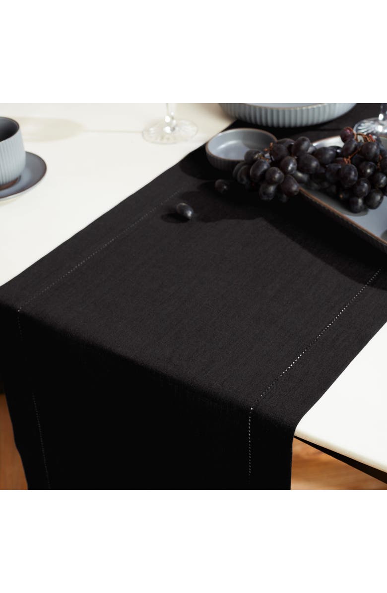 Solino Home Linen Table Runner for Dining Table, Holiday and Everyday Table Decor - Sonoma Hemstitch, Alternate, color, Black
