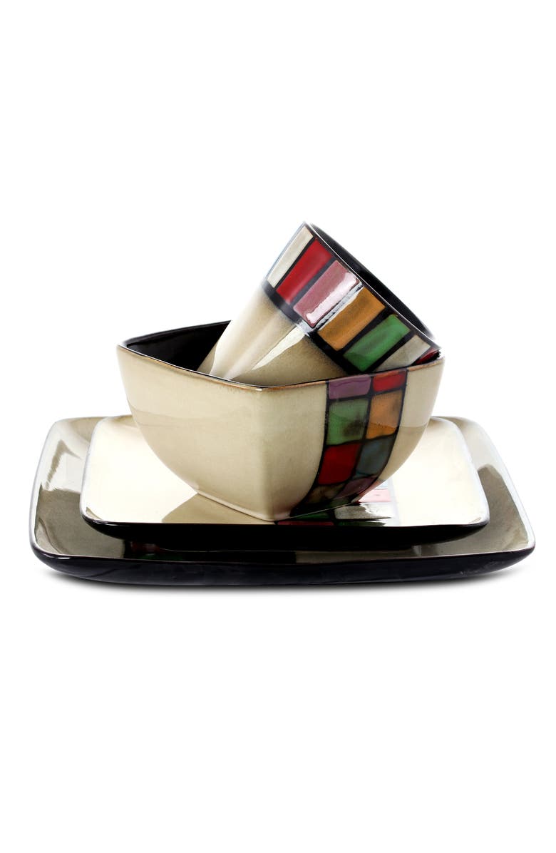Elama Color Melange 16 Piece Multicolo Square Stoneware Dinnerware Set, Alternate, color, Beige