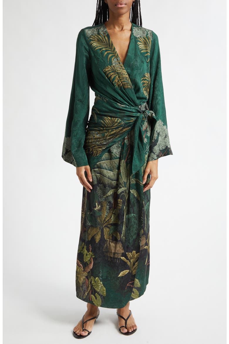 Ollantay Floral Jacquard Long Sleeve Wrap Dress, Alternate, color, DARK GREEN