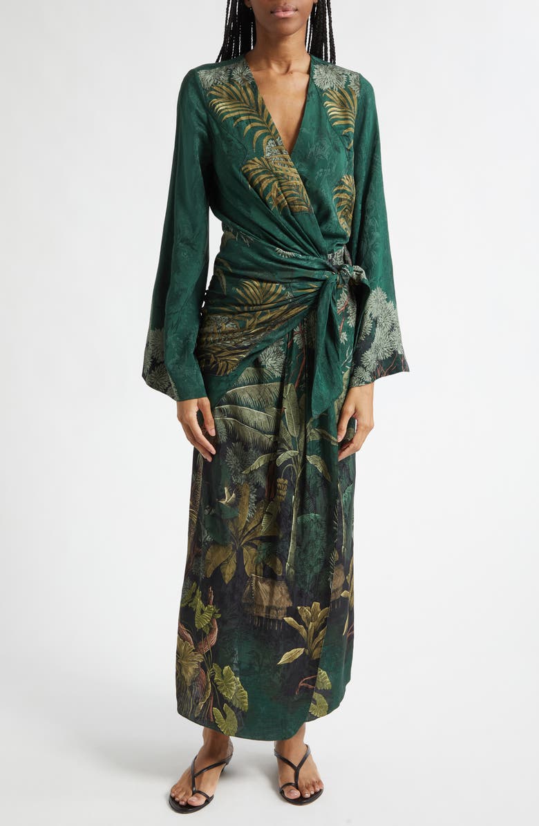 Johanna Ortiz Ollantay Floral Jacquard Long Sleeve Wrap Dress, Alternate, color, Dark Green
