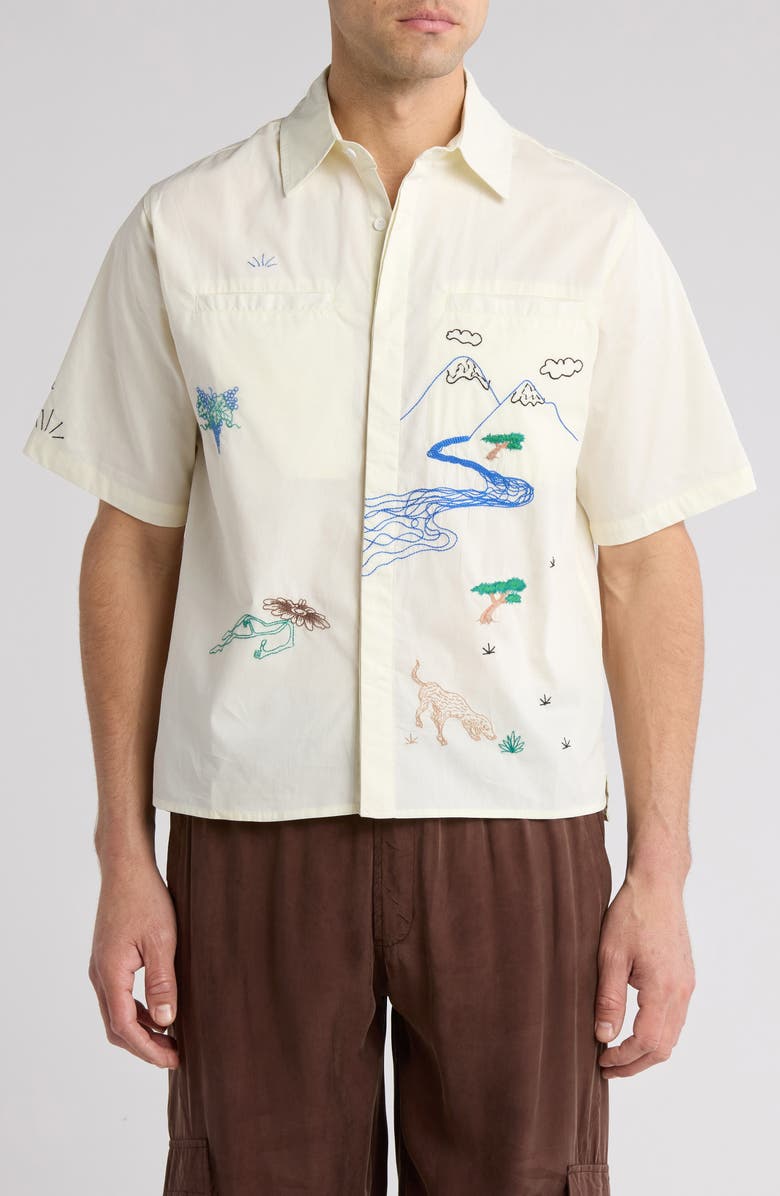 JUNGLES Good Thoughts Embroidered Short Sleeve Cotton Button-Up Shirt, Main, color, 