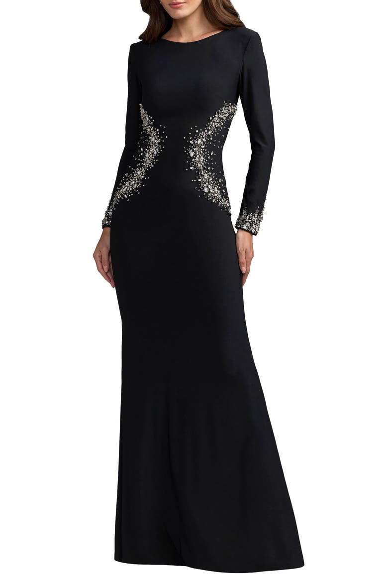 Long Sleeve Embellished Jersey Gown, Main, color, Black