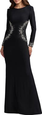 Mac Duggal Long Sleeve Embellished Jersey Gown