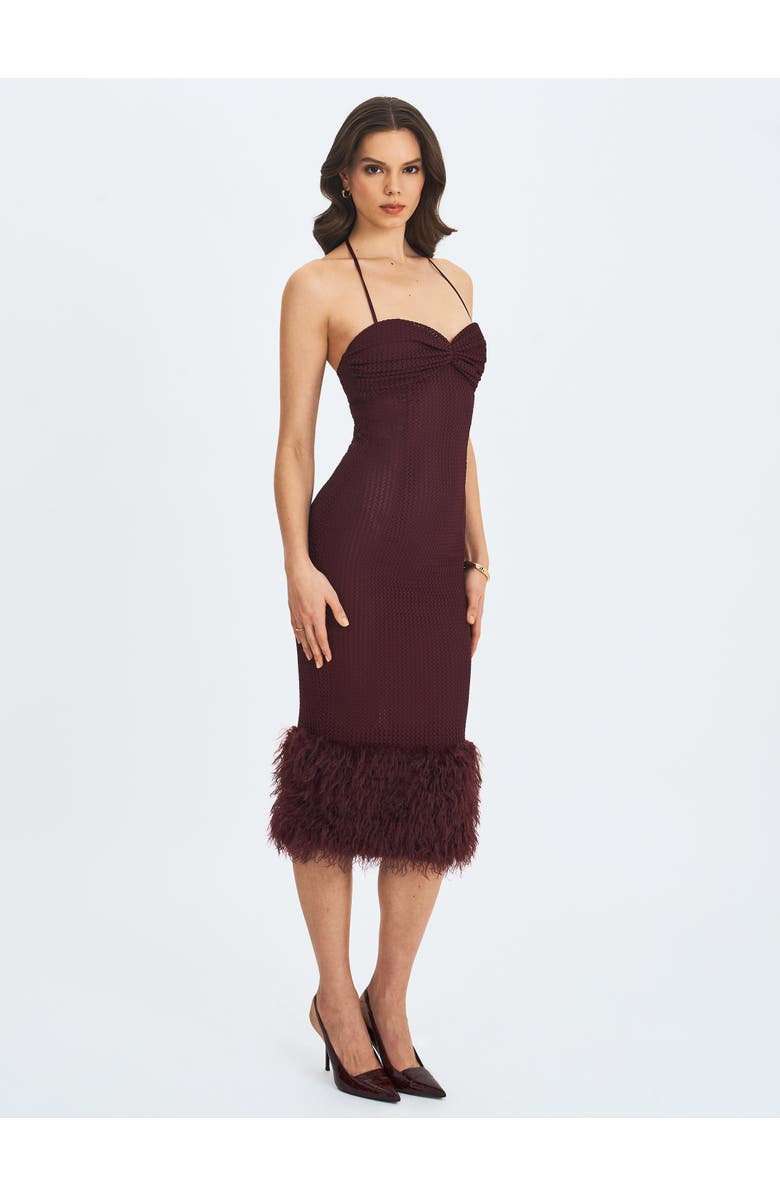 Miss Circle Pluma Halter Faux-Fur Trimmed Midi Dress, Alternate, color, Maroon