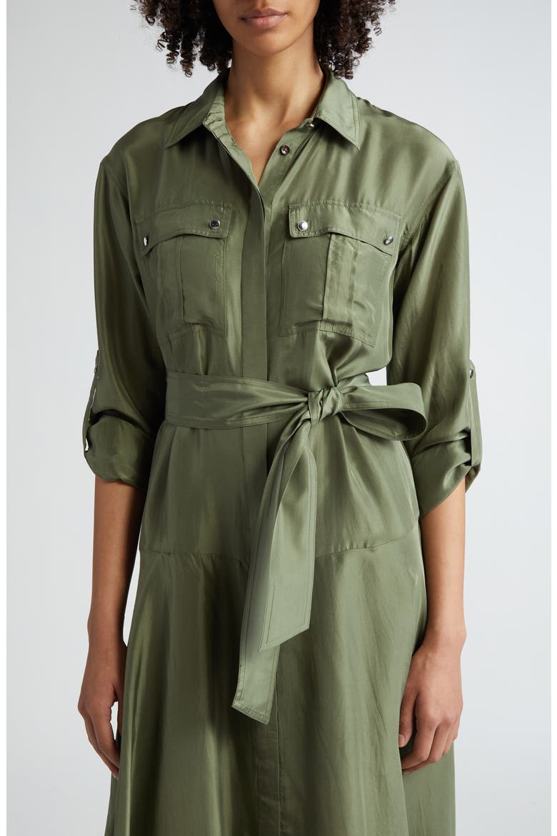 Camille Tie Waist Long Sleeve Silk Midi Dress, Alternate, color, STONE ARMY
