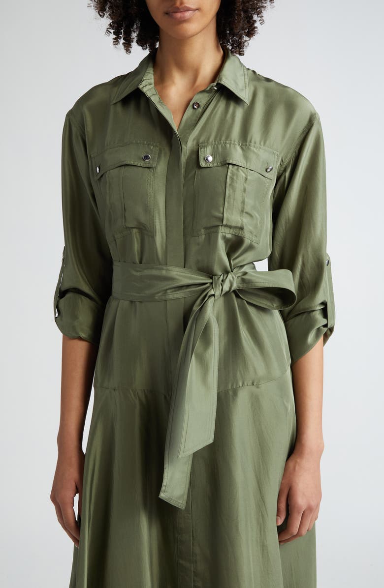 Veronica Beard Camille Tie Waist Long Sleeve Silk Midi Dress, Alternate, color, Stone Army