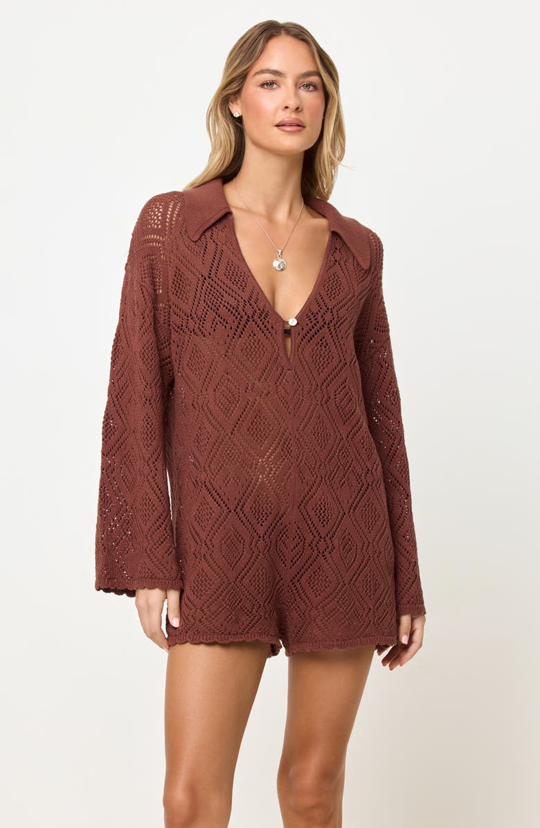 LSPACE Golden Daze Open Stitch Cotton Cover-Up Romper, Alternate, color,