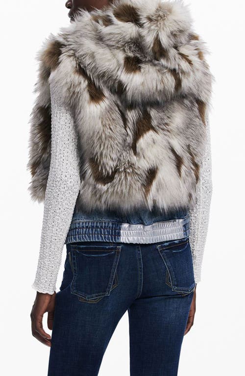 Desigual Faux Fur Denim Hooded Vest In Nude