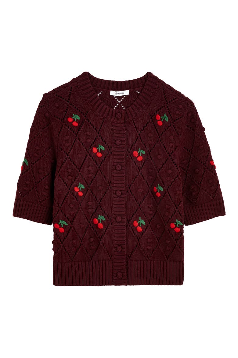 Embroidered Bauble Cotton Pointelle Stitch Cardigan, Alternate, color, SMOKED CLARET CHERRY