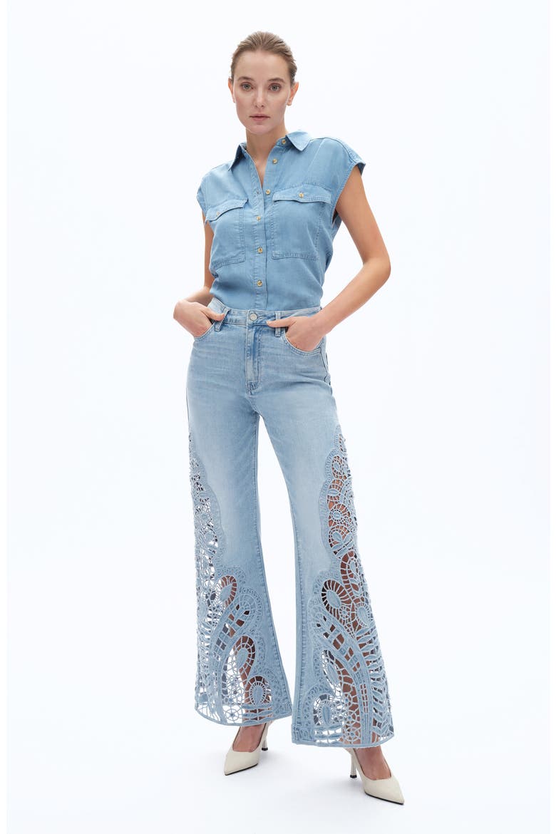 High Waist Embroidered Wide Leg Jeans, Alternate, color, CORNFLOWER
