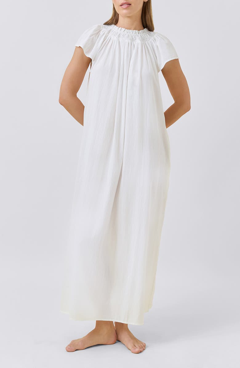 Papinelle Shirred Neck Cotton Maxi Nightie Nightgown, Alternate, color, Ecru