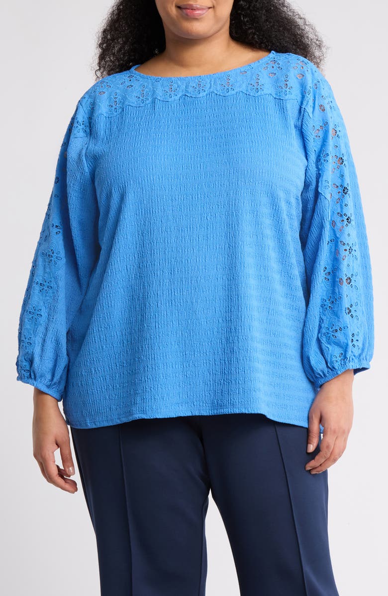RUBY RD Embroidered Eyelet Long Sleeve Textured Top, Main, color,