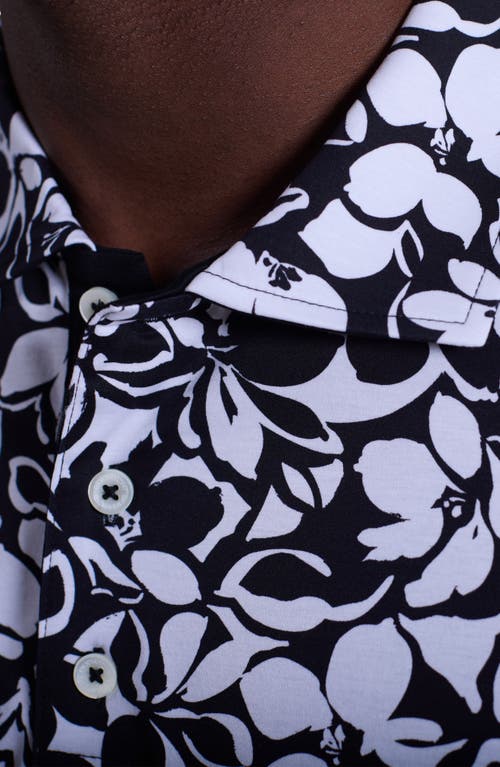 Bugatchi Hendrix Digital Monochromatic Floral Print Pima Cotton Polo In Black