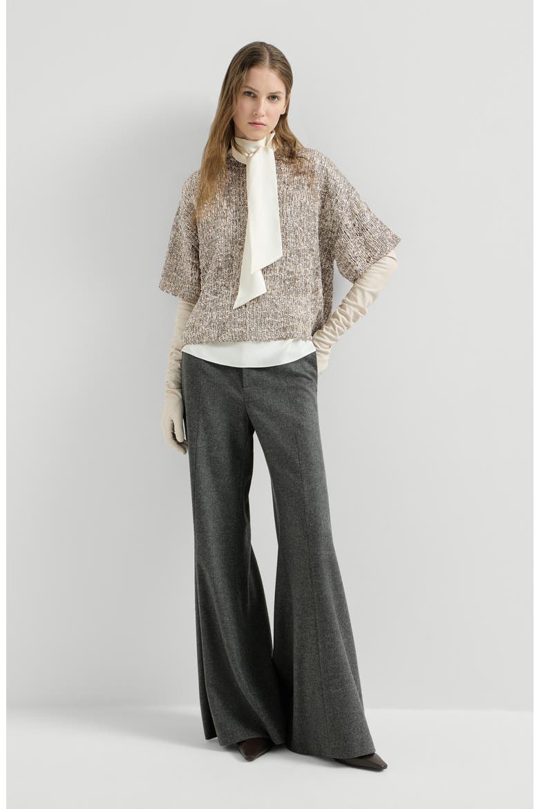 Virgin wool and cashmere twill flannel wide flare trousers with monili, Alternate, color, Dark Grey