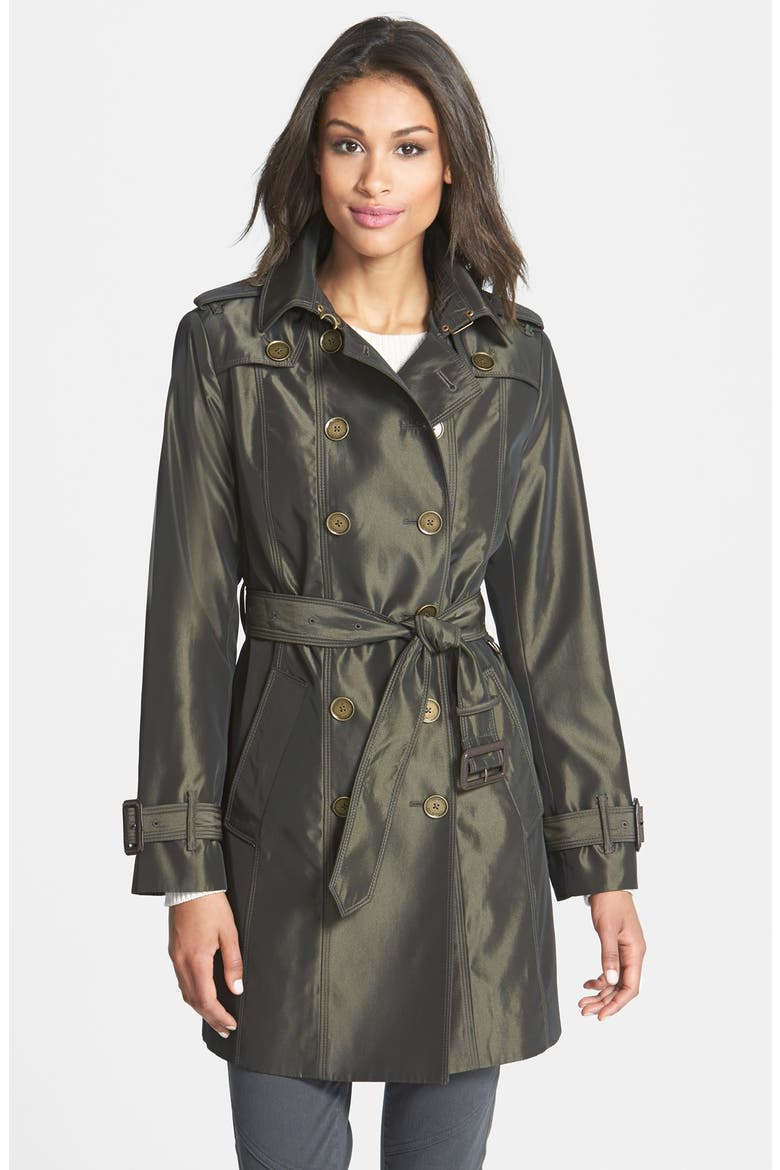 Iridescent Double Breasted Trench Coat, Main, color, DARK BRONZE