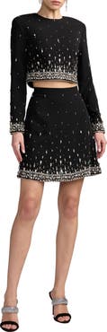 Mac Duggal Beaded Crepe Long Sleeve Top And Mini Dress
