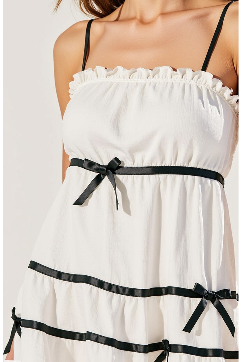 Spaghetti Strap Mini Dress with Ruffled Trim and Bow Accents, Alternate, color, White / Black Trim