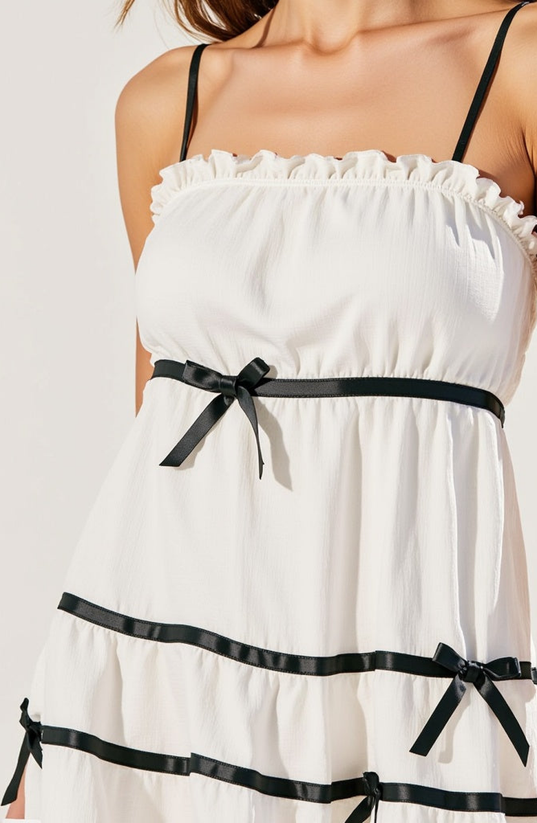 Modenaire Spaghetti Strap Mini Dress with Ruffled Trim and Bow Accents, Alternate, color, White / Black Trim