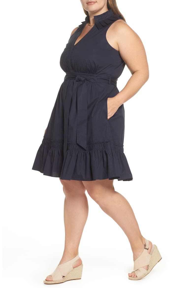 Pleat Collar Fit & Flare Dress, Alternate, color, NAVY