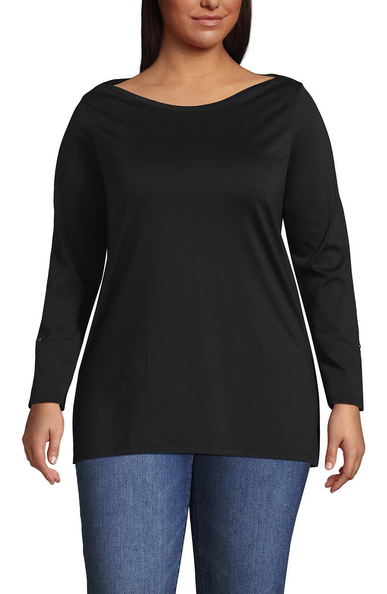 Lands' End Supima Cotton Adjustable 3/4 Sleeve Boatneck Tunic, Alternate, color, Black