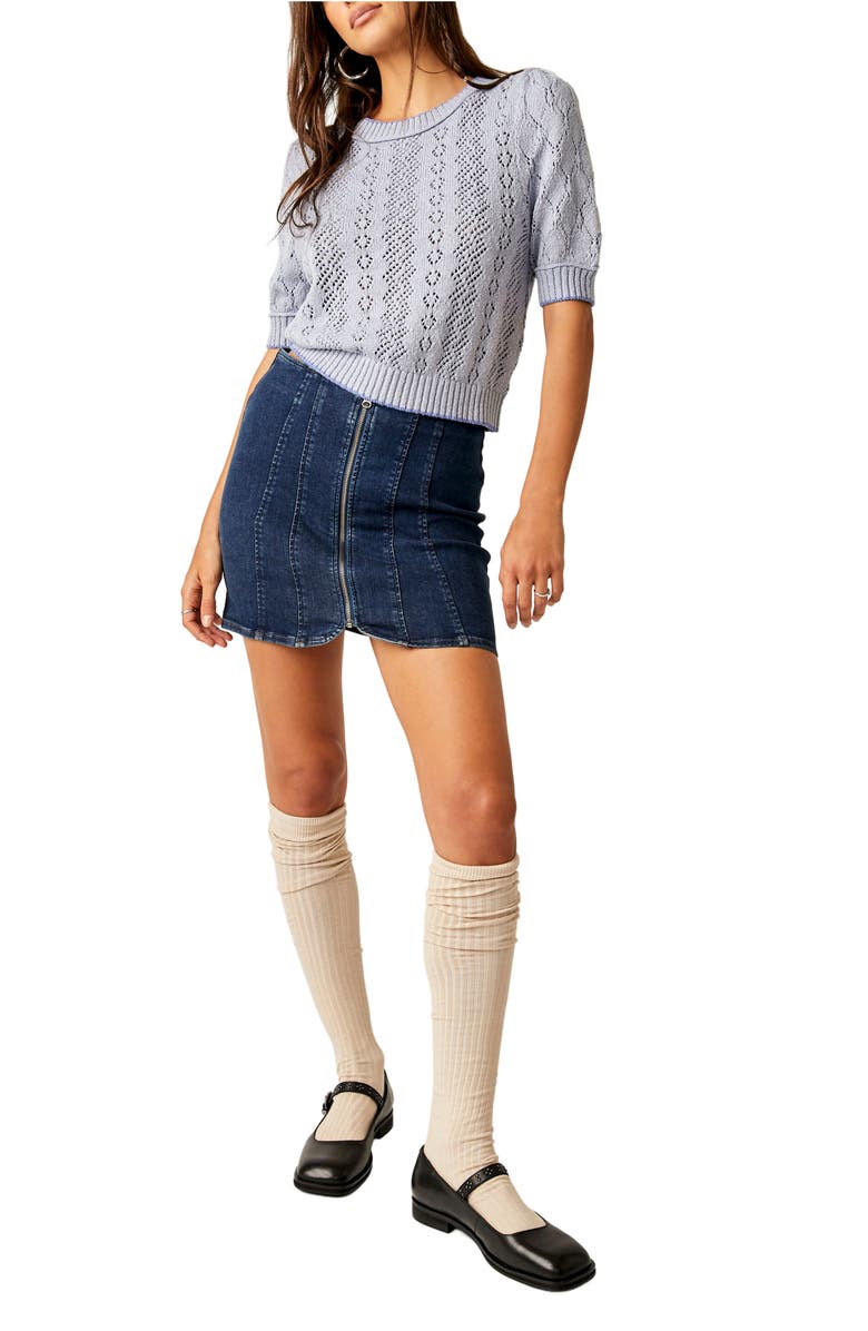 Free People Eloise Open Stitch Puff Shoulder Sweater, Alternate, color, Falling Water Combo