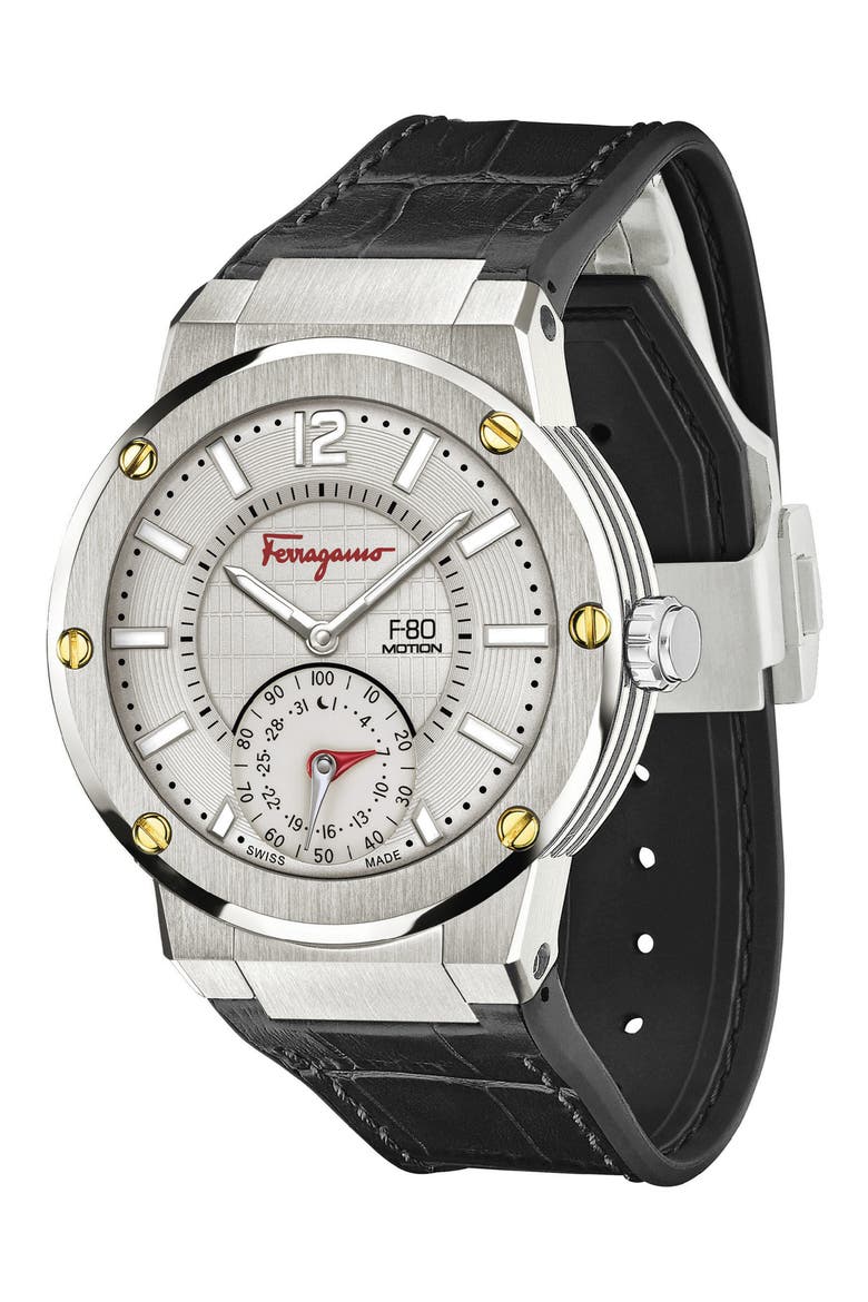 Salvatore Ferragamo 'F-80 Motion' Leather Strap Smart Watch, 44mm, Alternate, color, BLACK/ GREY/ SILVER