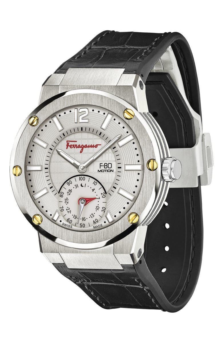 FERRAGAMO Salvatore Ferragamo 'F-80 Motion' Leather Strap Smart Watch, 44mm, Alternate, color, 