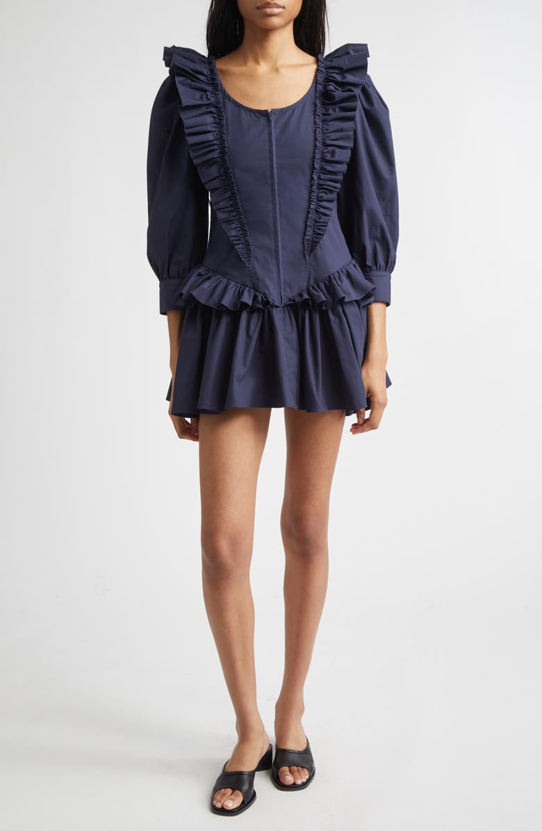 Sandy Liang Callie Ruffle Cotton Poplin Minidress, Main, color, Navy