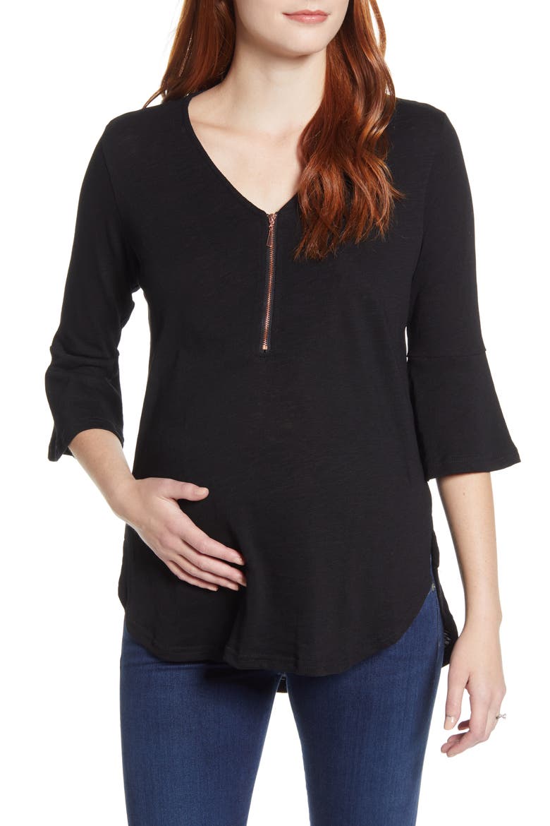 Zip Front Bell Sleeve Maternity/Nursing Top, Main, color, BLACK