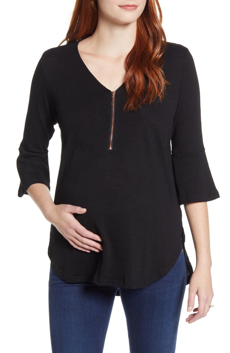 Angel Maternity Zip Front Bell Sleeve Maternity/Nursing Top, Main, color, 