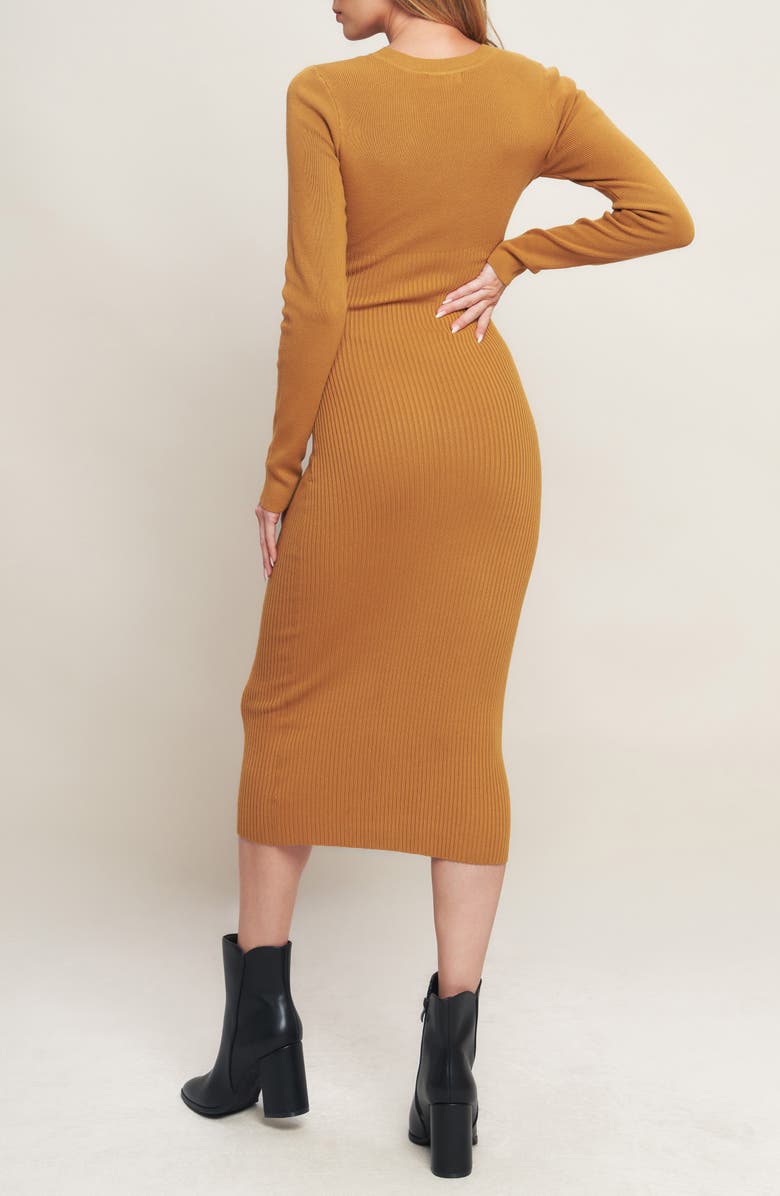 FLYING TOMATO Long Sleeve Rib Knit Midi Dress, Alternate, color, Camel