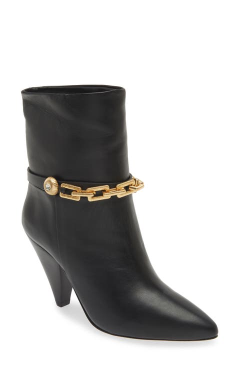 Spencer Golden Chain Pointed Toe Leather Bootie (Women)