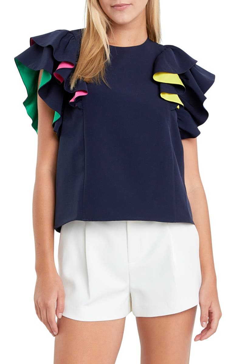 English Factory Multicolor Lined Ruffle Sleeve Top, Main, color, 