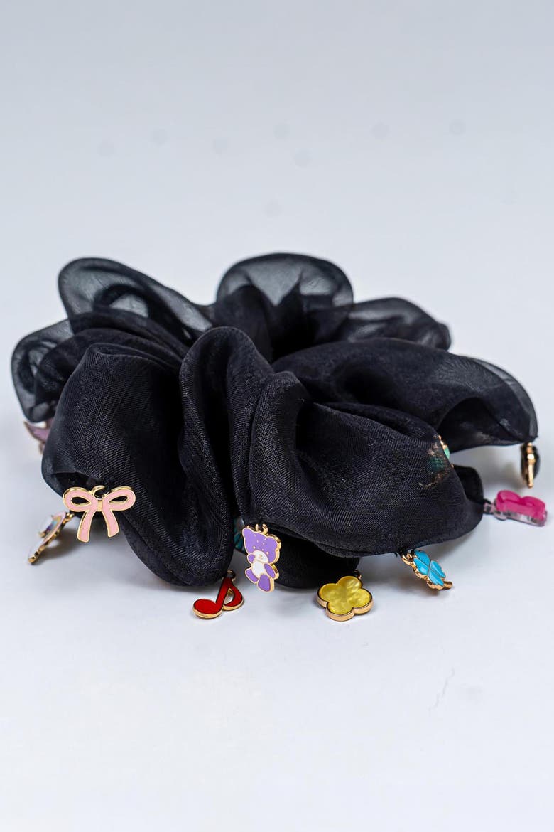 Oversized Organza Scrunchie with Charms - Black, Alternate, color, Black