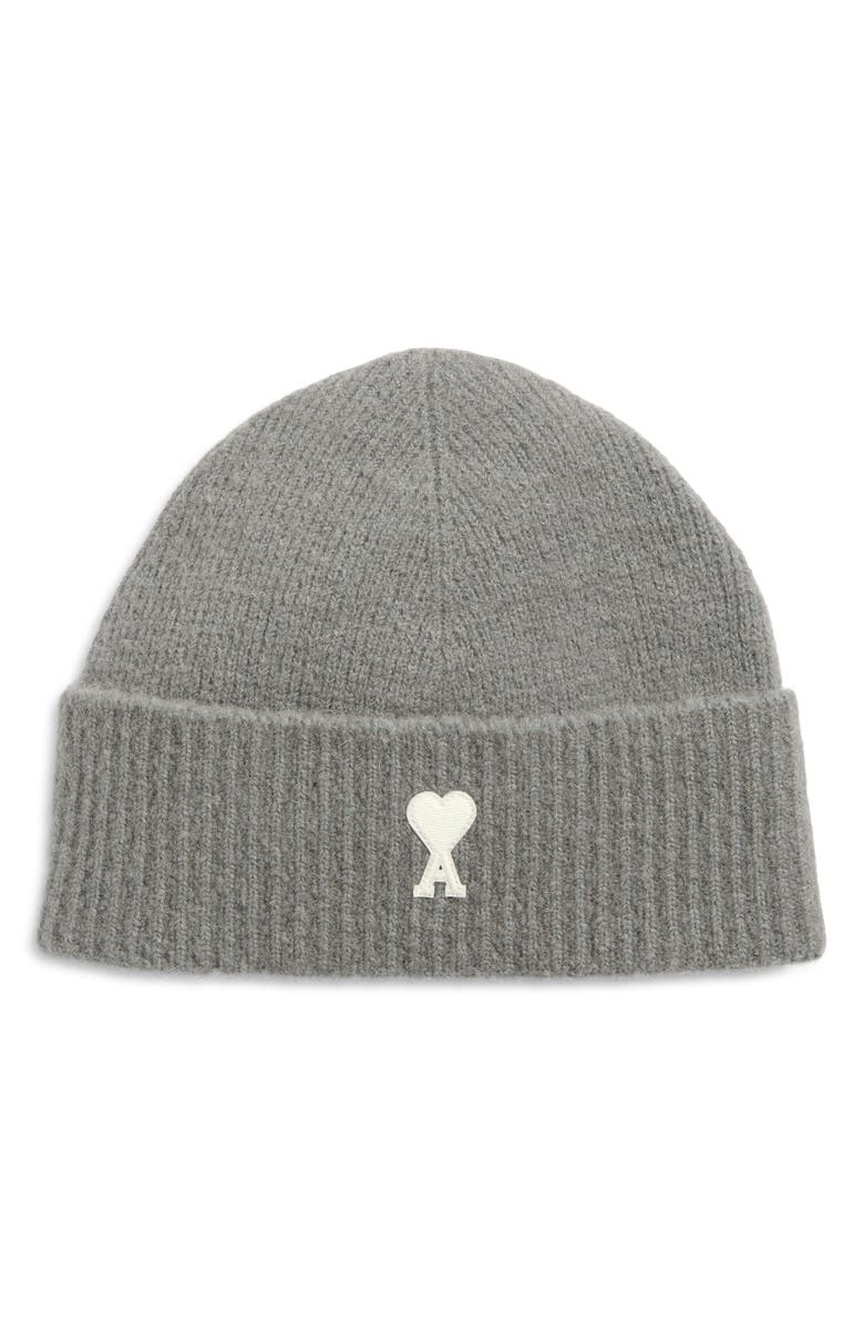 AMI PARIS Ami de Coeur Appliqué Mohair Blend Cuffed Beanie, Main, color, Gris/ Ecru