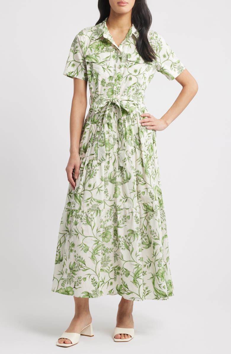 ZOE AND CLAIRE Floral Tiered Cotton Shirtdress, Main, color, Green Multi