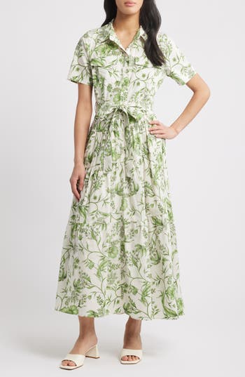 Zoe And Claire Floral Tiered Cotton Shirtdress In Multi