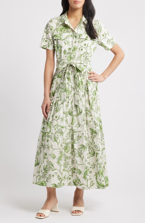 Zoe And Claire Floral Tiered Cotton Shirtdress In Green Multi