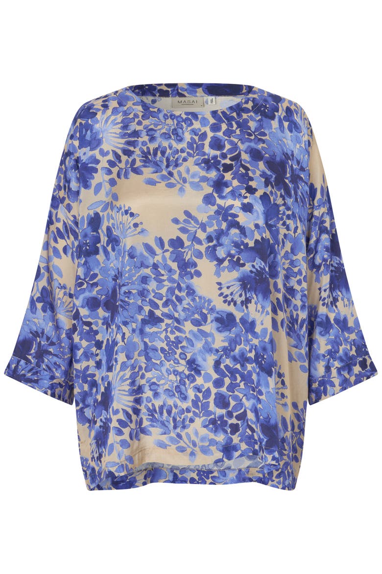 MaBecca Fluid Draped Floral Blouse, Alternate, color, Medieval Blue