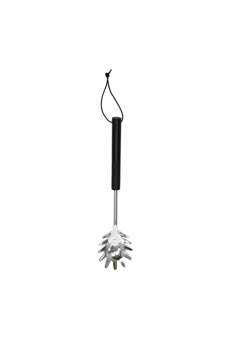 Stainless Steel Slotted Pasta Server with Mango Wood Handle and Leather Tie, Black, Alternate, color, Black