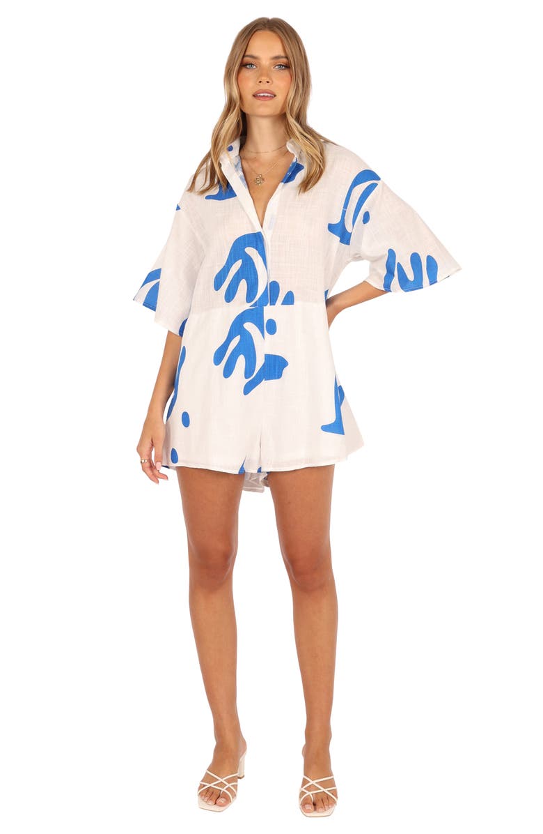 Petal & Pup Kellie Cotton Romper, Alternate, color, White/ Blue