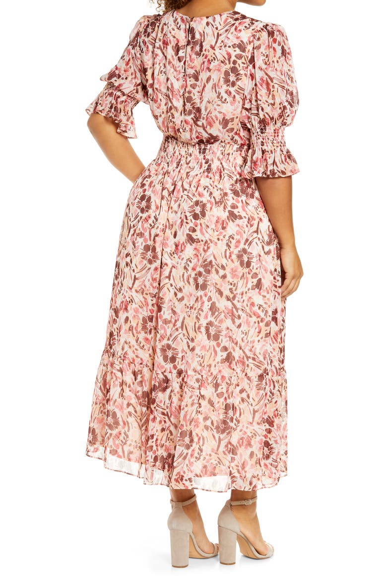 Floral Smock Midi Dress, Alternate, color, SOFT PEACH/ LIGHT BURGUNDY