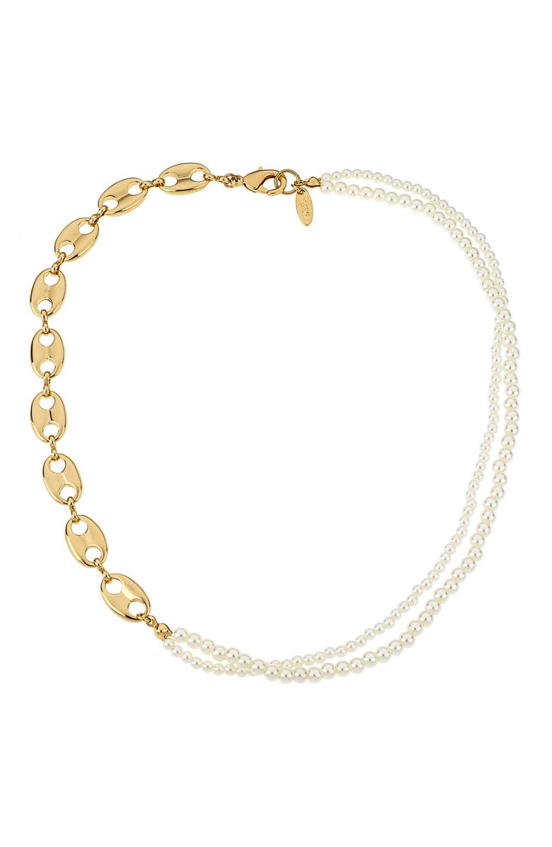 Ettika Meet Me Halfway Imitation Pearl & Mariner Link Necklace, Main, color, Gold