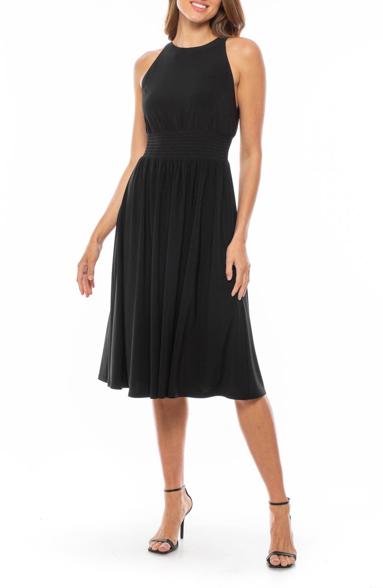 Women Navy Schiffli V-Neck Smocked Back Strappy Midi Dress